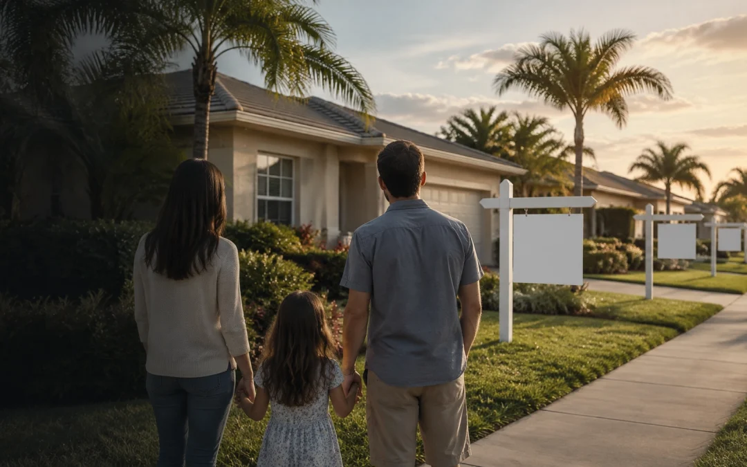 A family walks hand in hand along a Southwest Florida street of homes with blank for-sale signs at sunset
