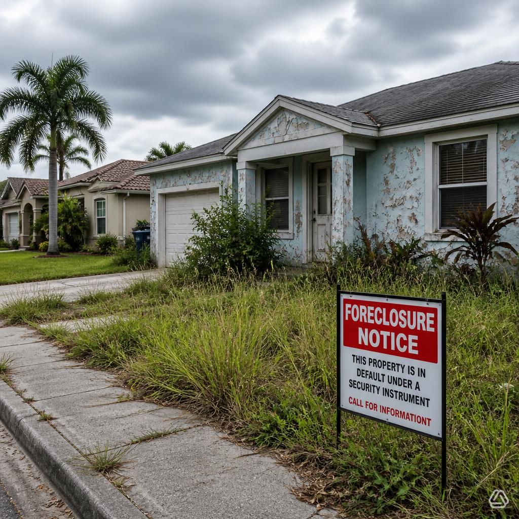 Home with foreclosure notice sign