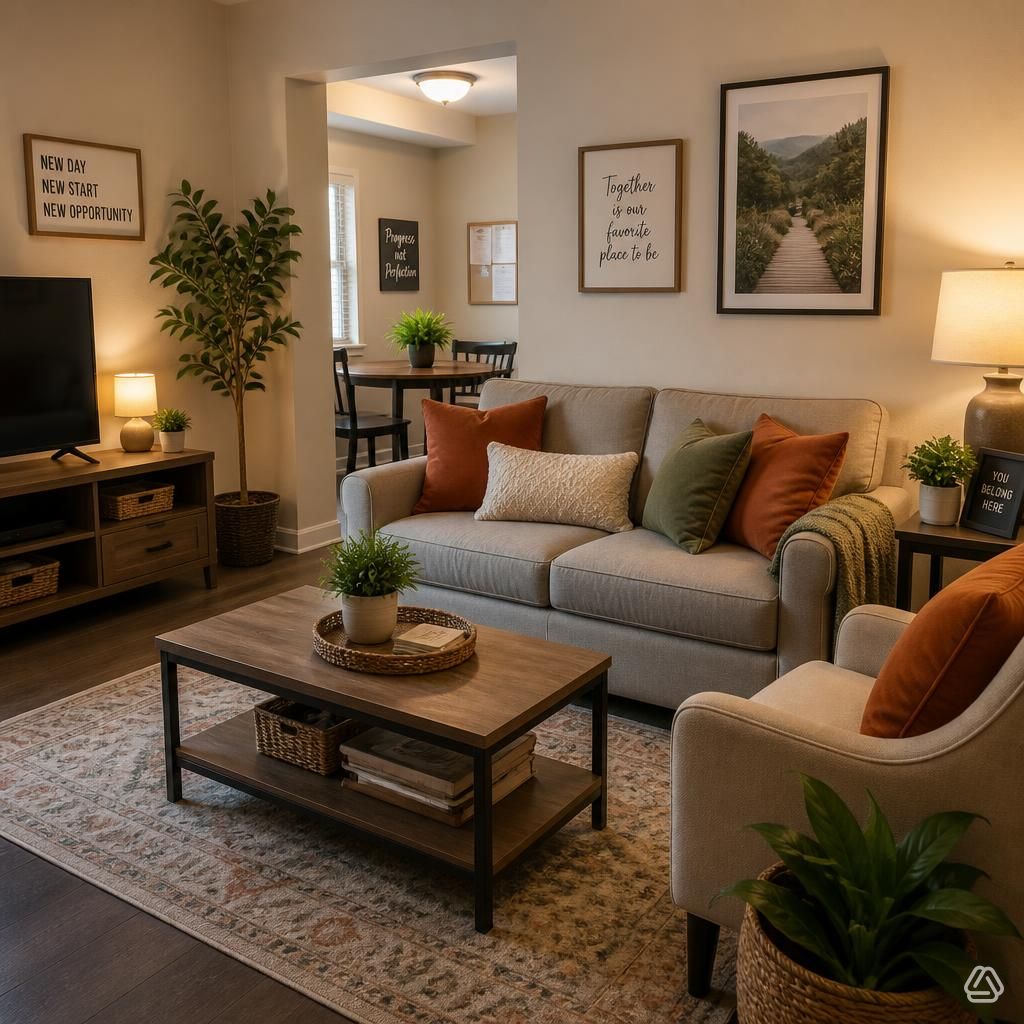 Furnished, comfortable transitional housing living room
