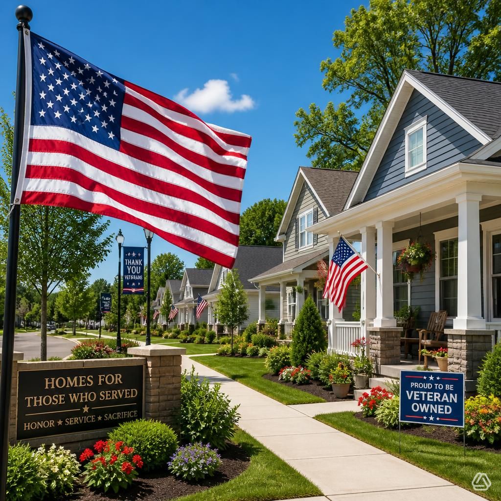 Veteran-owned homes neighborhood with American flags